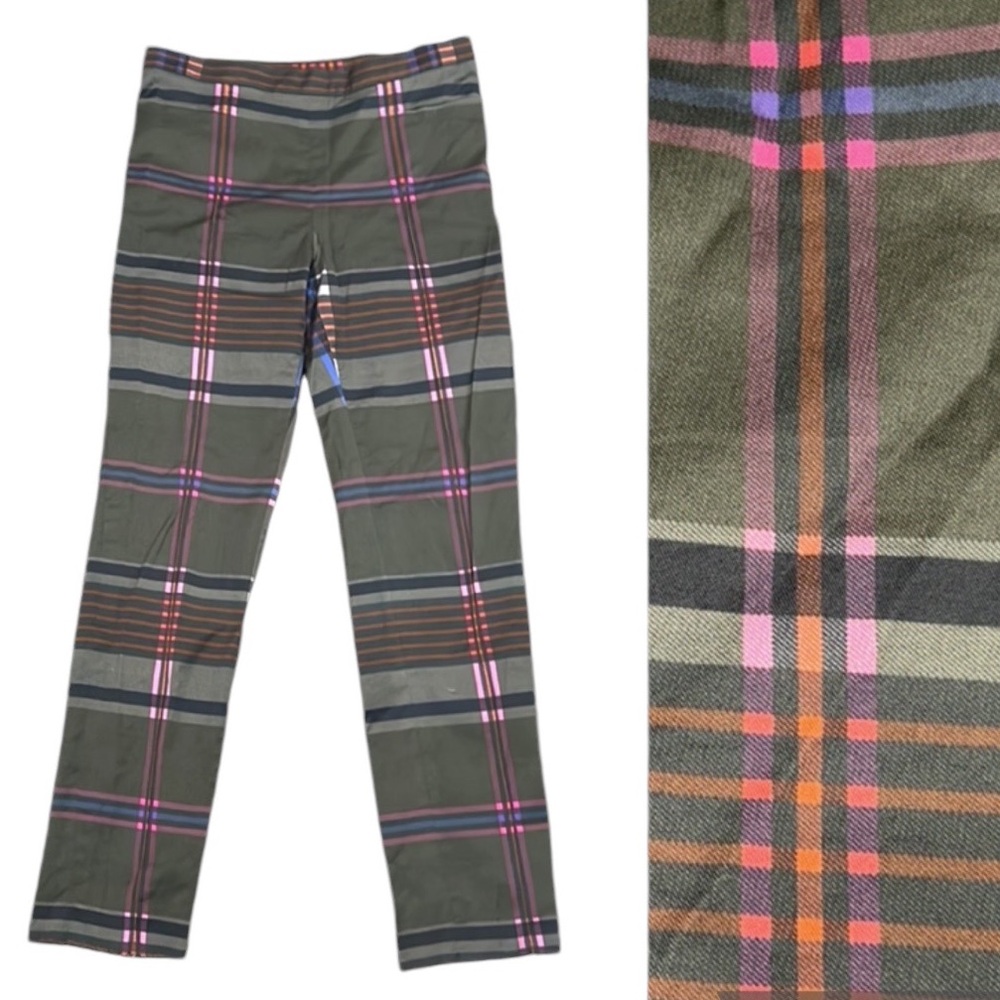 Akris Punto Olive Green Pink Tartan Plaid Checker Print  Slim Cropped Pants - 6